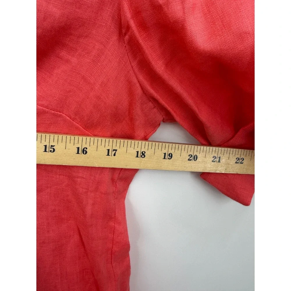 Harve‎ Benard Smocked Waist Linen Blouse Womens Size Medium Coral Pink Roll Tab